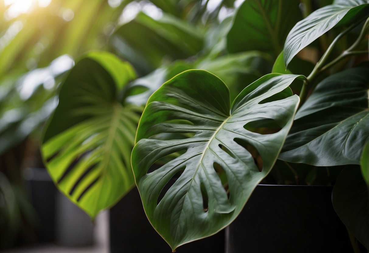 Two Philodendron plants side by side, Atabapoense and Billietiae, with their distinct leaf shapes and patterns visible for comparison