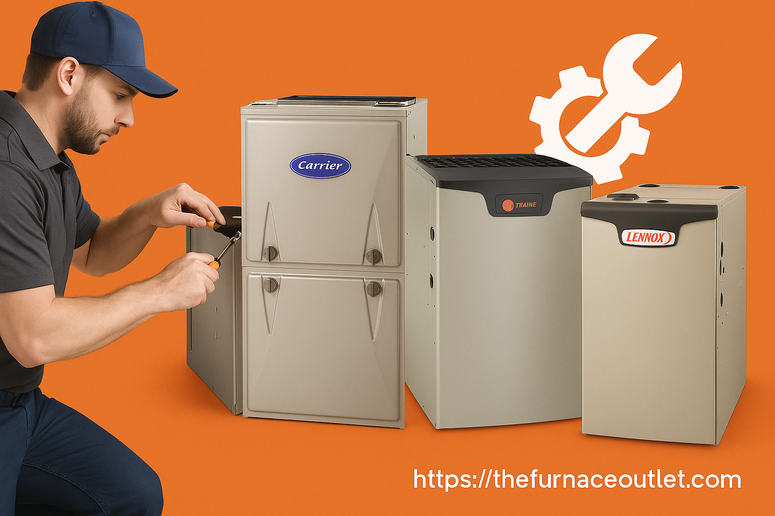 A promotional digital graphic for TheFurnaceOutlet.com shows a technician servicing a Carrier furnace, with Trane and Lennox models beside it on an orange background, emphasizing professional installation and maintenance.