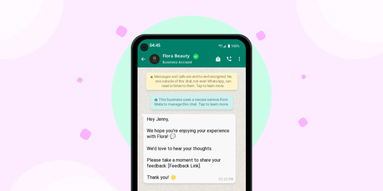 Flora beauty asking feedback on WhatsApp via chatbots