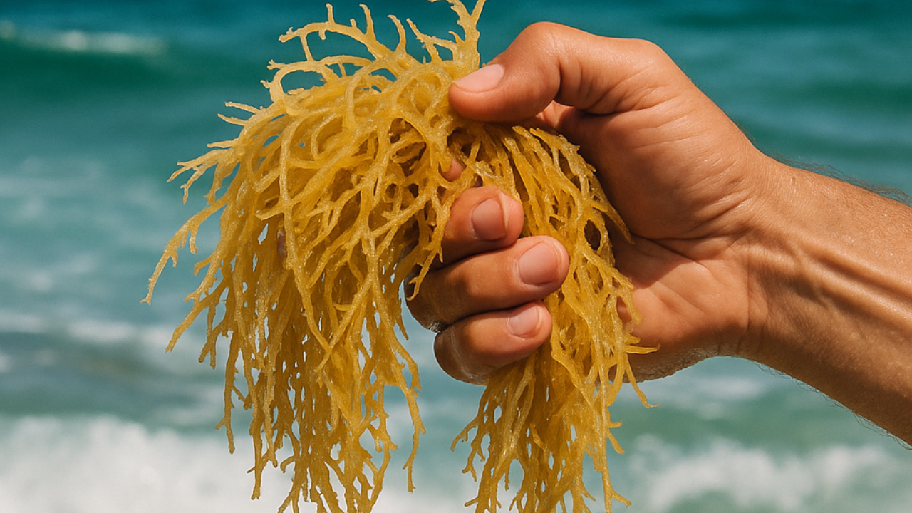 Hand holding raw sea moss by the ocean
