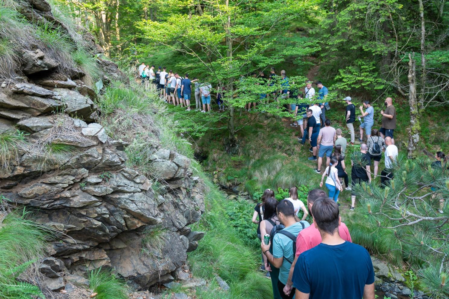 A group of people walking on a path in the woods

Description automatically generated