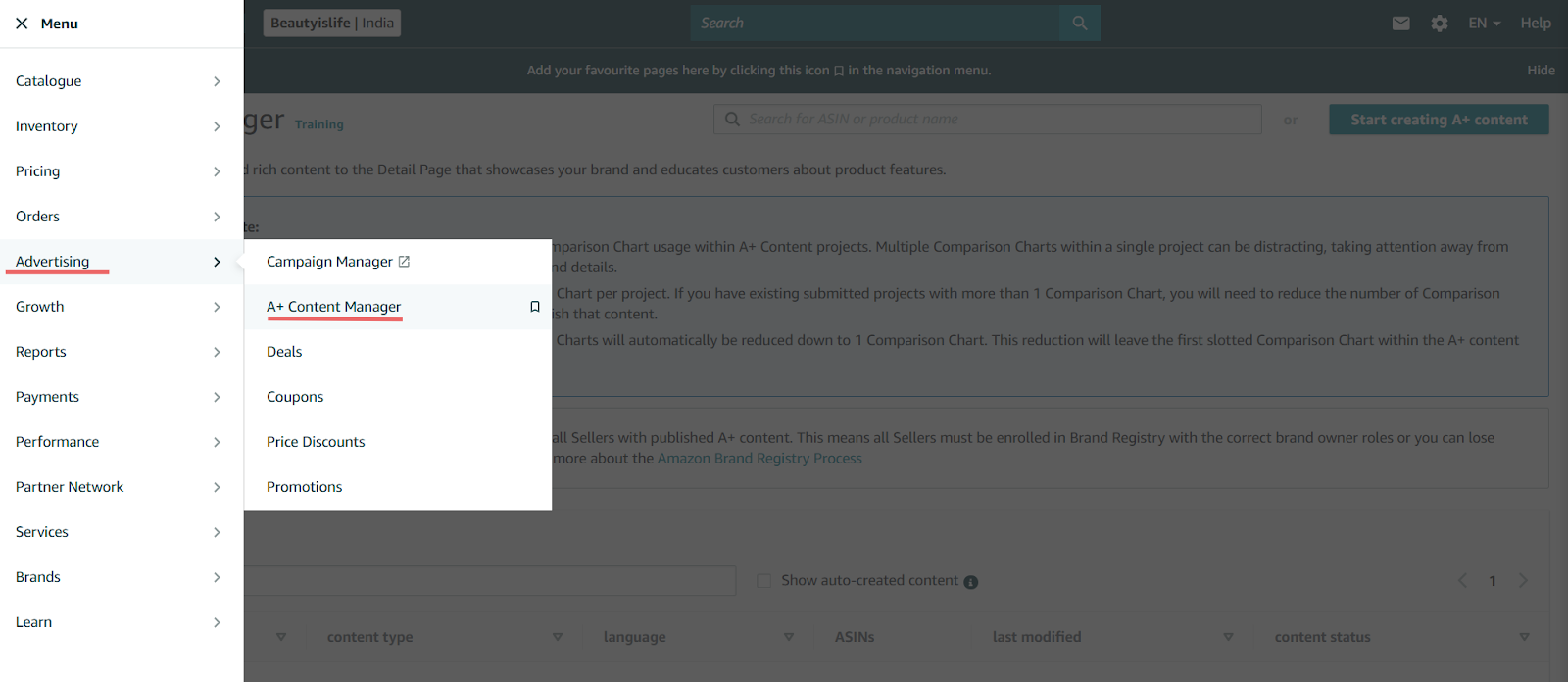 A+ Content modal within brand registry dashboard