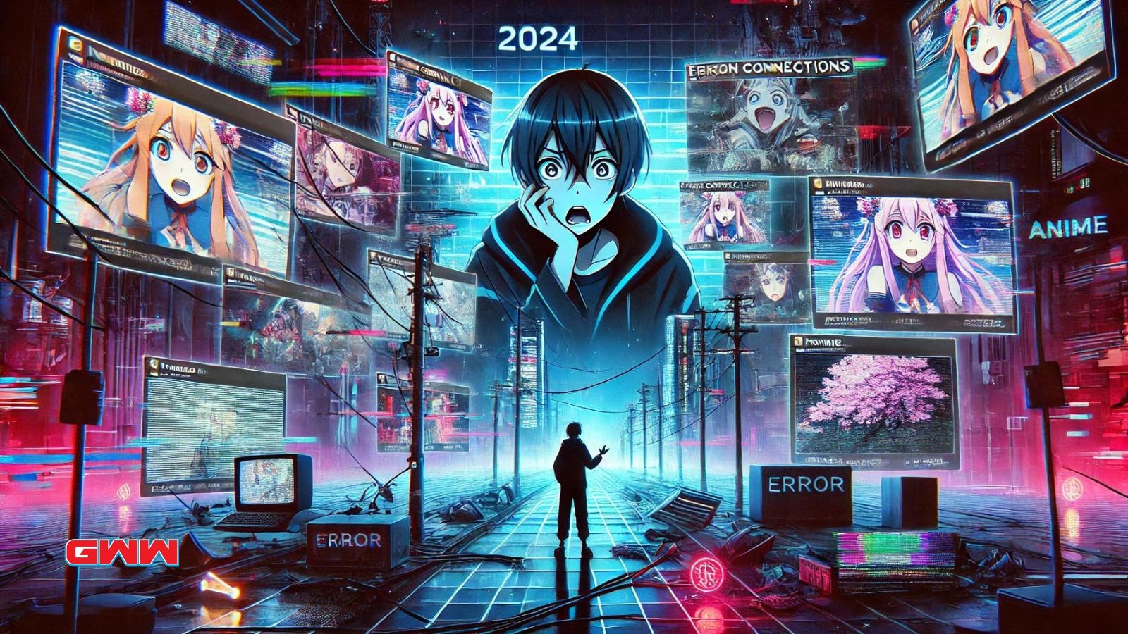 A digital artwork depicting the frustration of an anime streaming service not working in 2024.