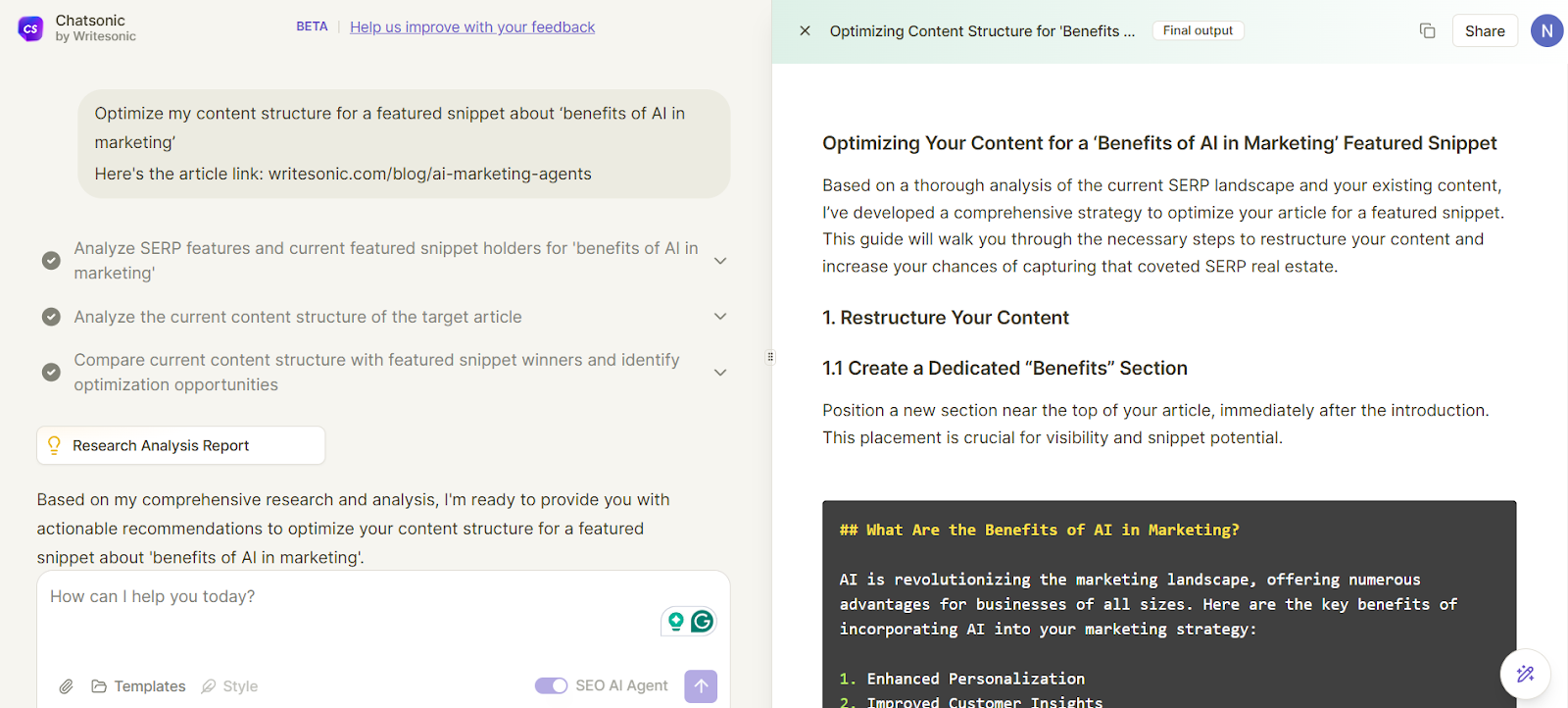 Chatsonic, an AI agent for featured snippet optimization, helps structure your content.