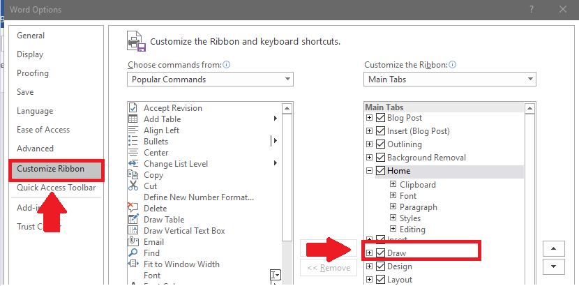Pilih “Customize Ribbon” dan centang pilihan “Draw”