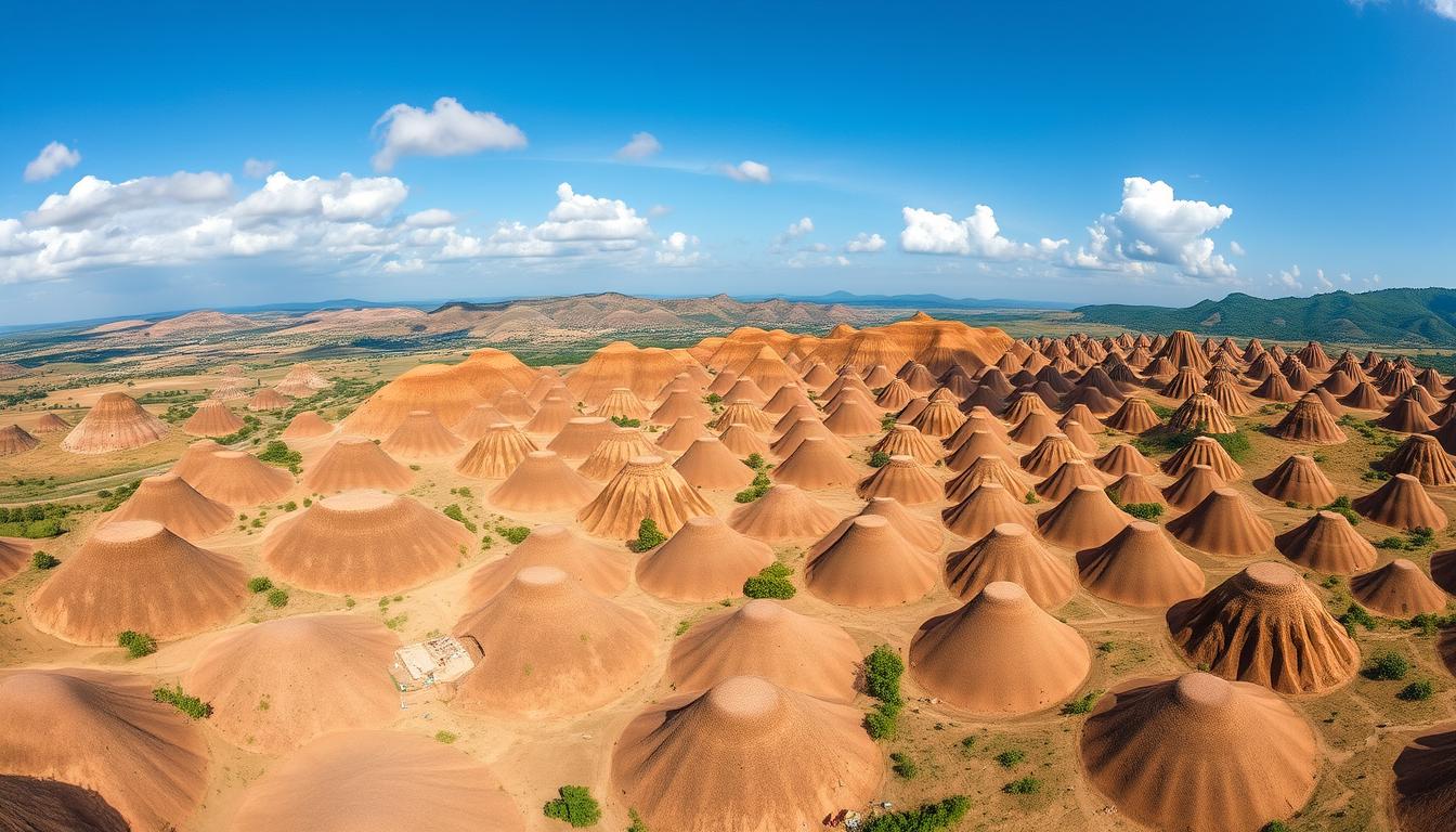 Panoramic view of the Chocolate Hills in Bohol during dry season showing their chocolate-brown color