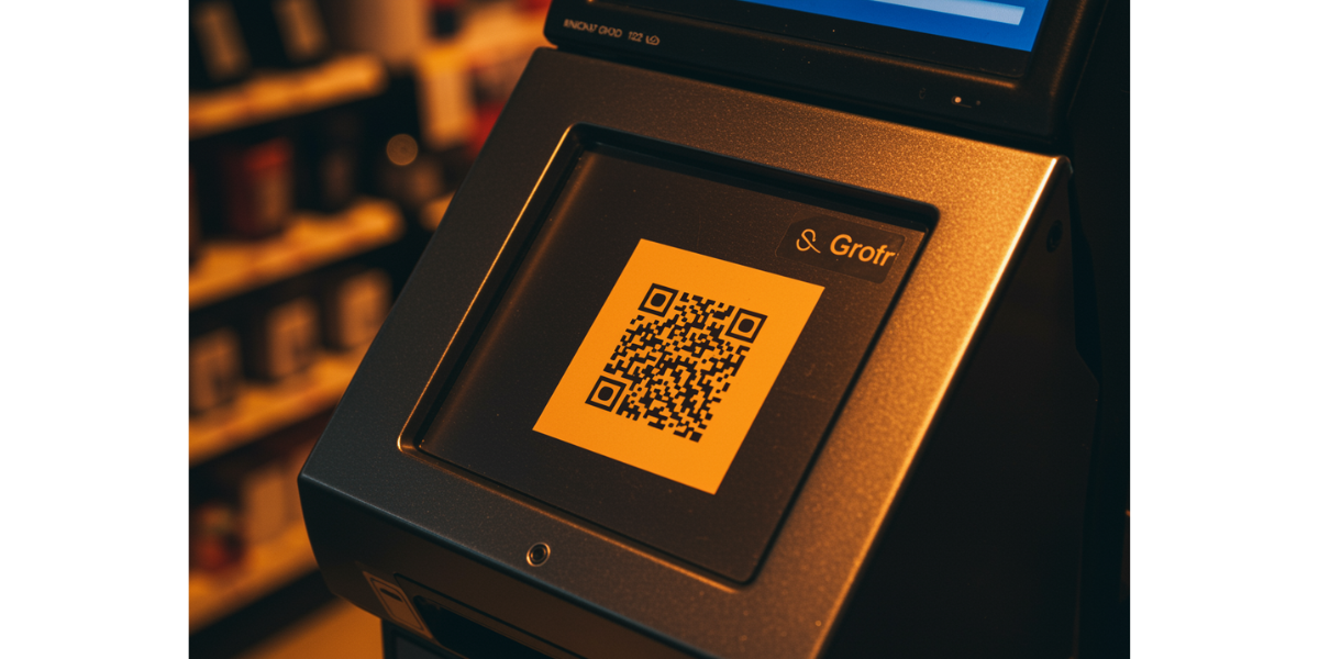 A QR Code on a checkout counter machine.