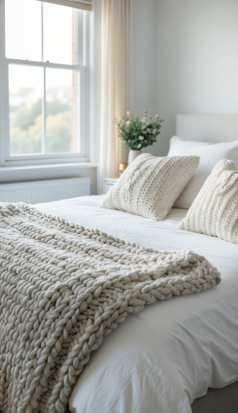 A cozy white bedroom with a chunky knit blanket draped over a bed, soft natural light streaming in through the window