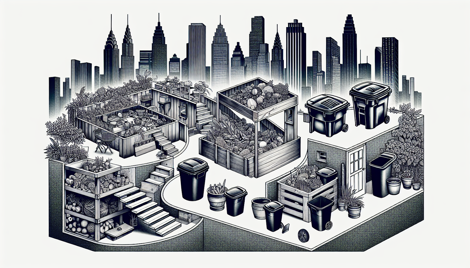 Illustration of different types of compost bins suitable for urban spaces