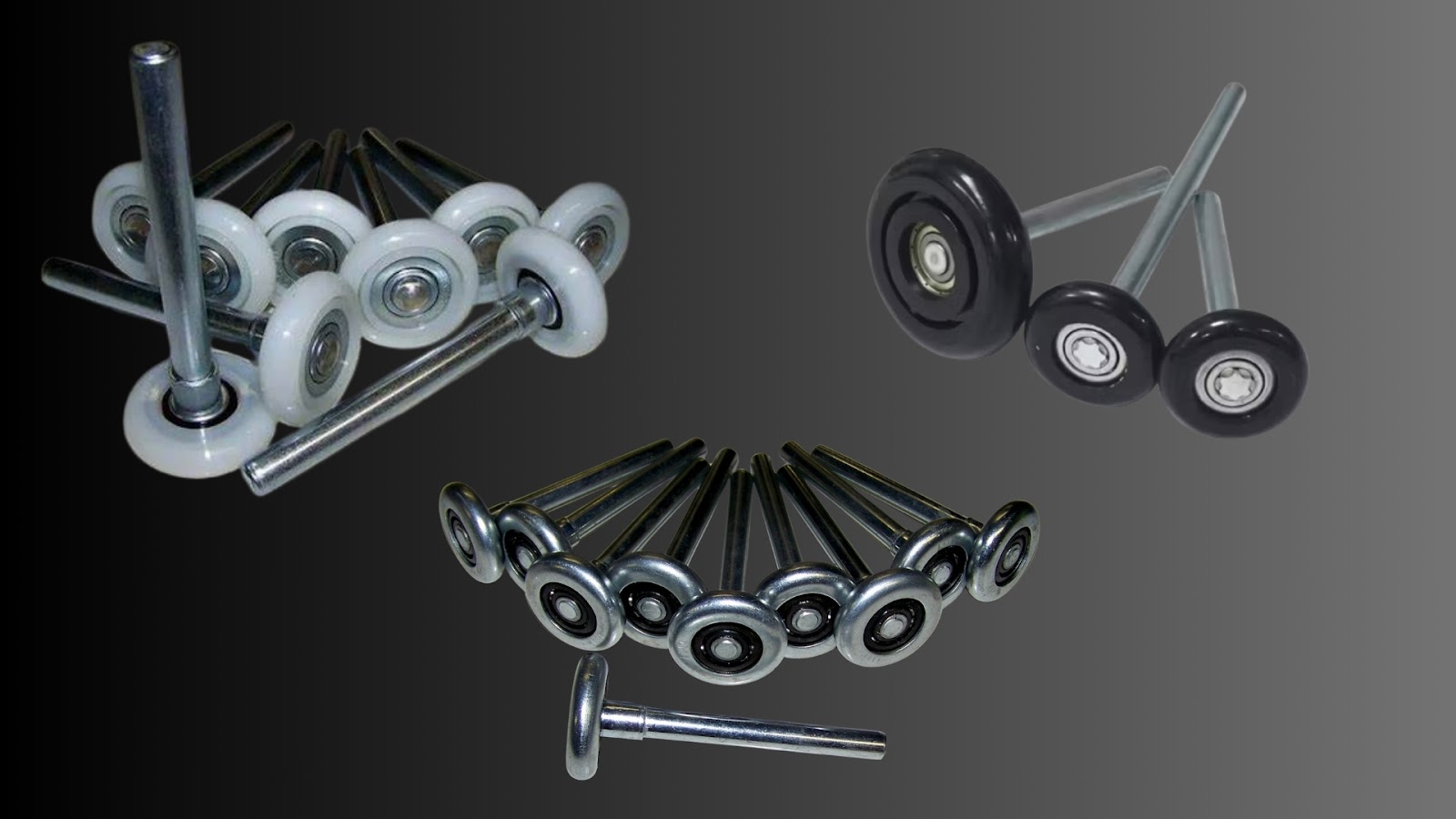 Various garage door rollers made of nylon and steel for durability