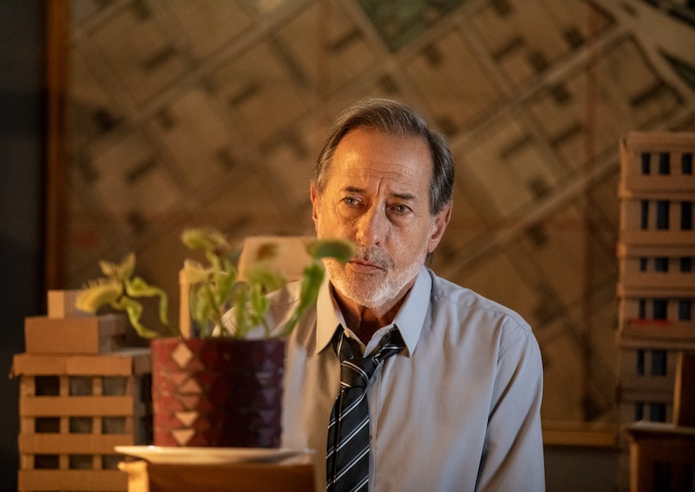 Guillermo Francella (en su personaje de El encargado, la serie argentina) observa una planta carnívora. De fondo tiene maquetas de edificios de cartón.