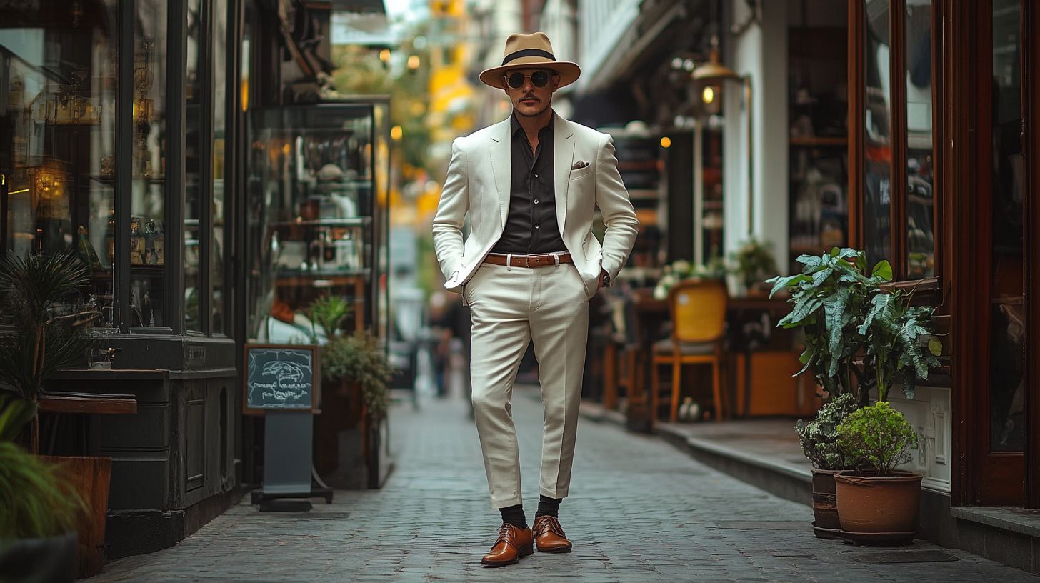 A man in a vintage-inspired white suit, paired with a black shirt and brown shoes. The look is elevated with a stylish fedora, completing the ensemble with a touch of classic charm. The outfit captures the essence of a timeless, old-school elegance, perfect for a retro-themed wedding or a sophisticated event. The groom or guest stands confidently, embodying a refined yet nostalgic style, set in a charming venue with vintage details, exuding sophistication and timeless appeal.