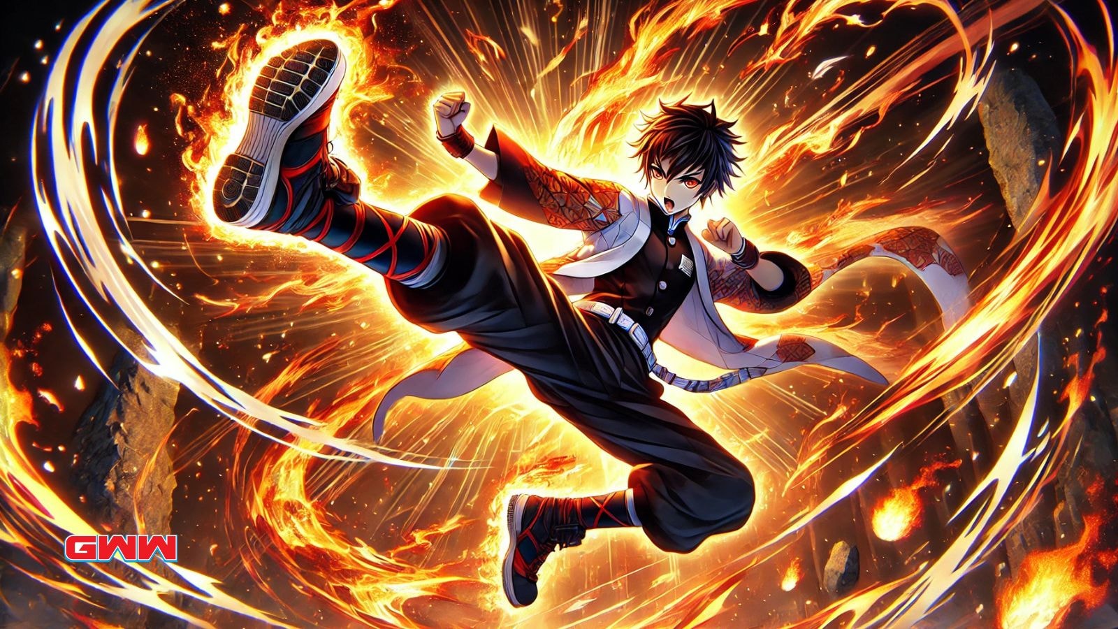 A highly stylized anime scene featuring a character performing a high flaming kick.