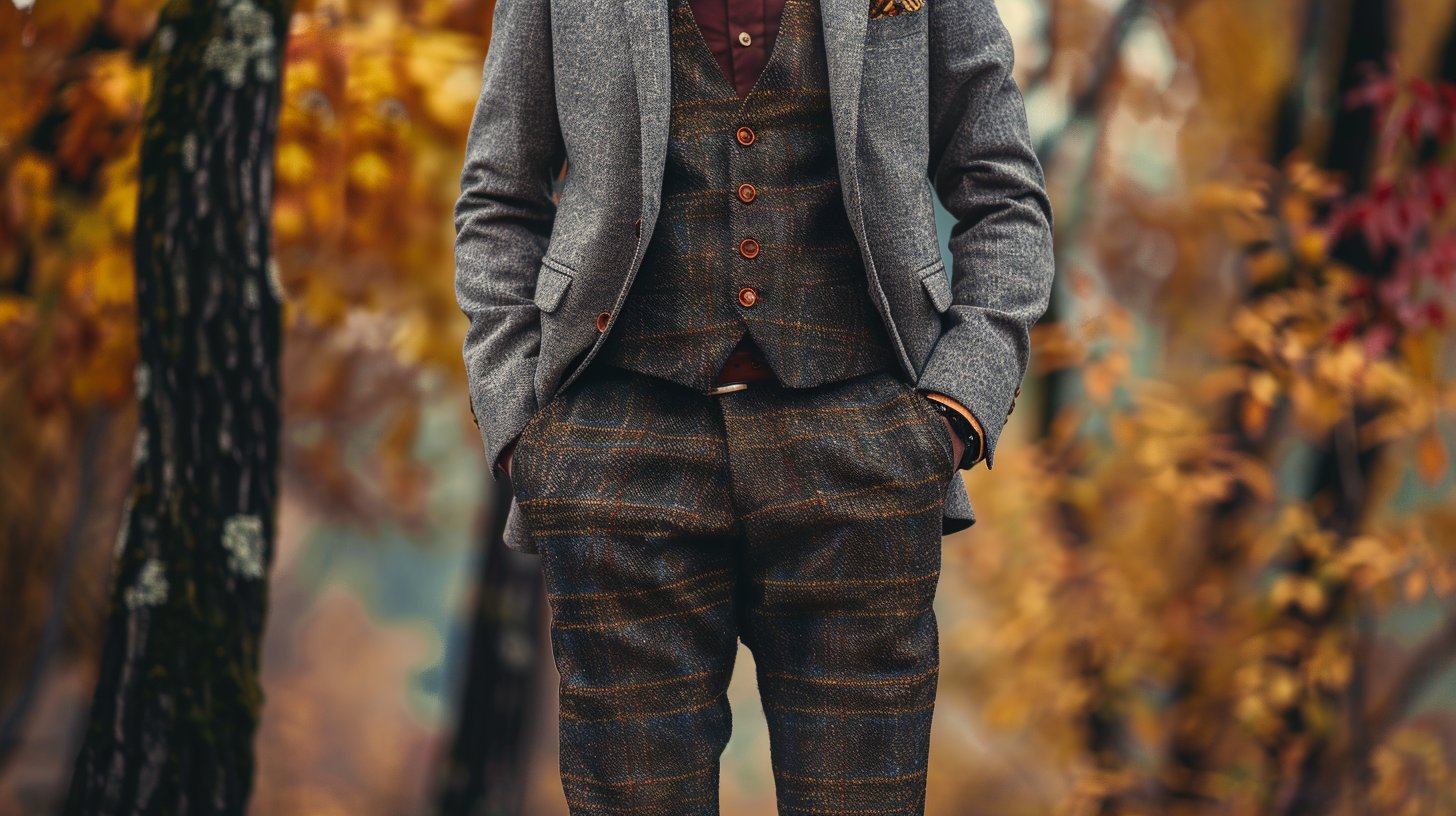 Man in wool trousers suitable for cooler weather; textured fabric; paired with a heavier blazer or tweed jacket; autumn or winter background; layered look