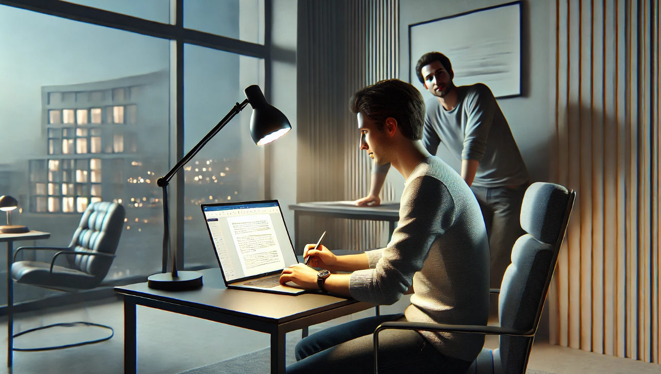 A realistic digital painting of a person sitting at a sleek, modern desk, writing a book on a laptop. The setting is minimalistic and well-lit, with a stylish desk lamp casting a soft glow on the workspace. Behind them, another person leans over their shoulder, attentively observing the writing process. The background is clean and uncluttered, featuring a plain wall with subtle decor and a large window revealing a nighttime cityscape. The scene conveys a contemporary, focused, and creative atmosphere.