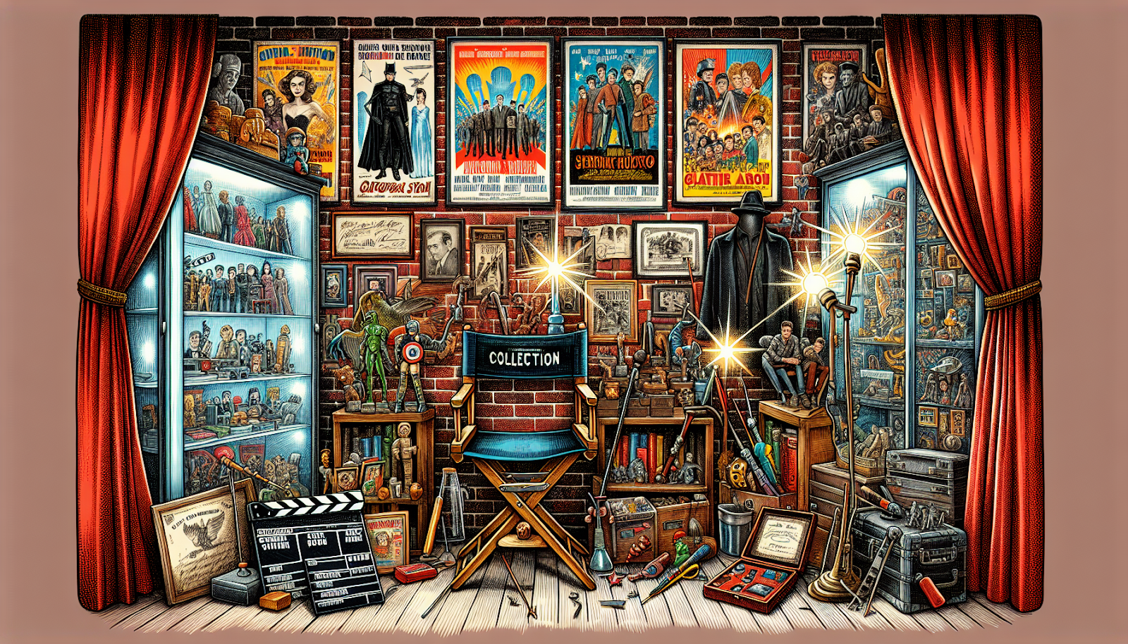 A creative illustration of various movie memorabilia items ideal for fans and collectors.