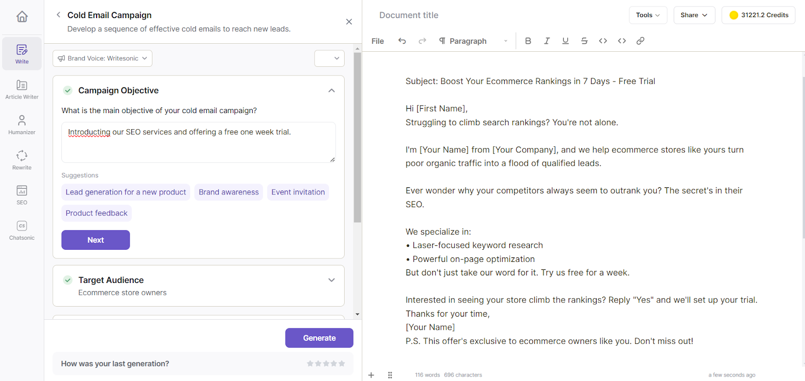 Write emails using Writesonic as part of your AI content marketing strategy.