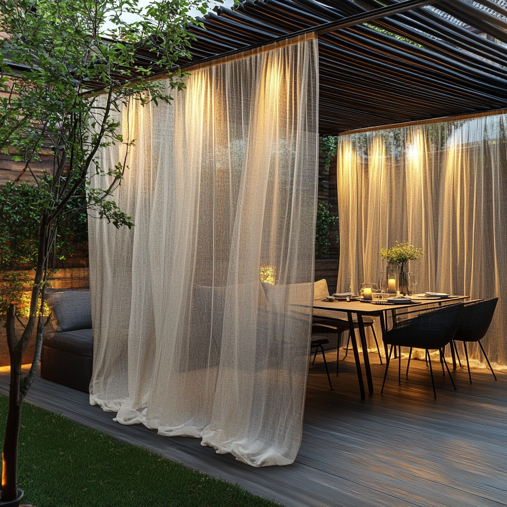An image of a curtained patio with a dining table. 