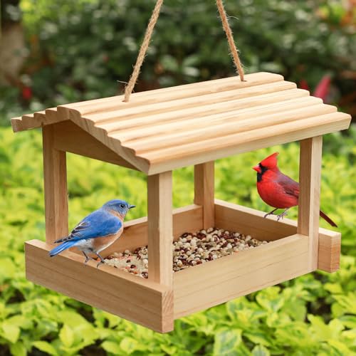 STARSWR Bird Feeders for Outside Hanging, Wild Bird Feeder House for Cardinals Finches Wooden Bluebird Feeder Mealworm Feeder Outdoor Wood Platform Bird House Feeder