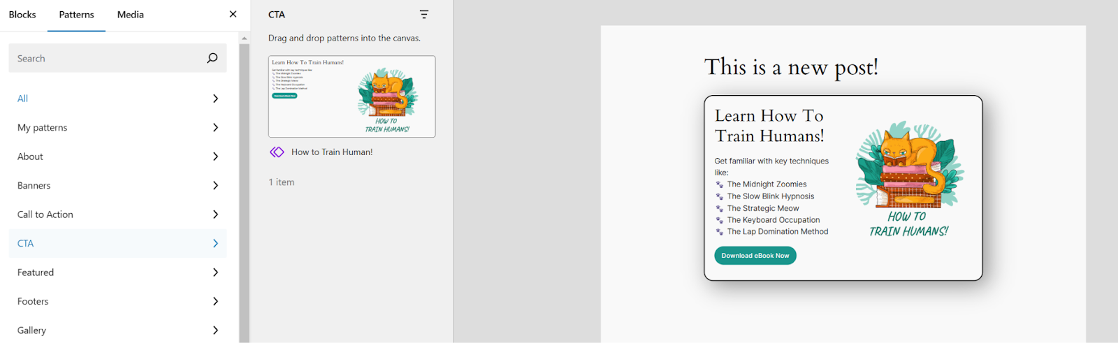 Inserting a custom pattern in WordPress through the block inserter tool.