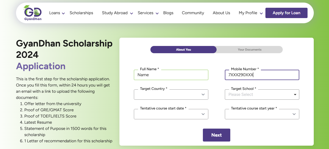  GyanDhan Scholarship portal where you can submit your application