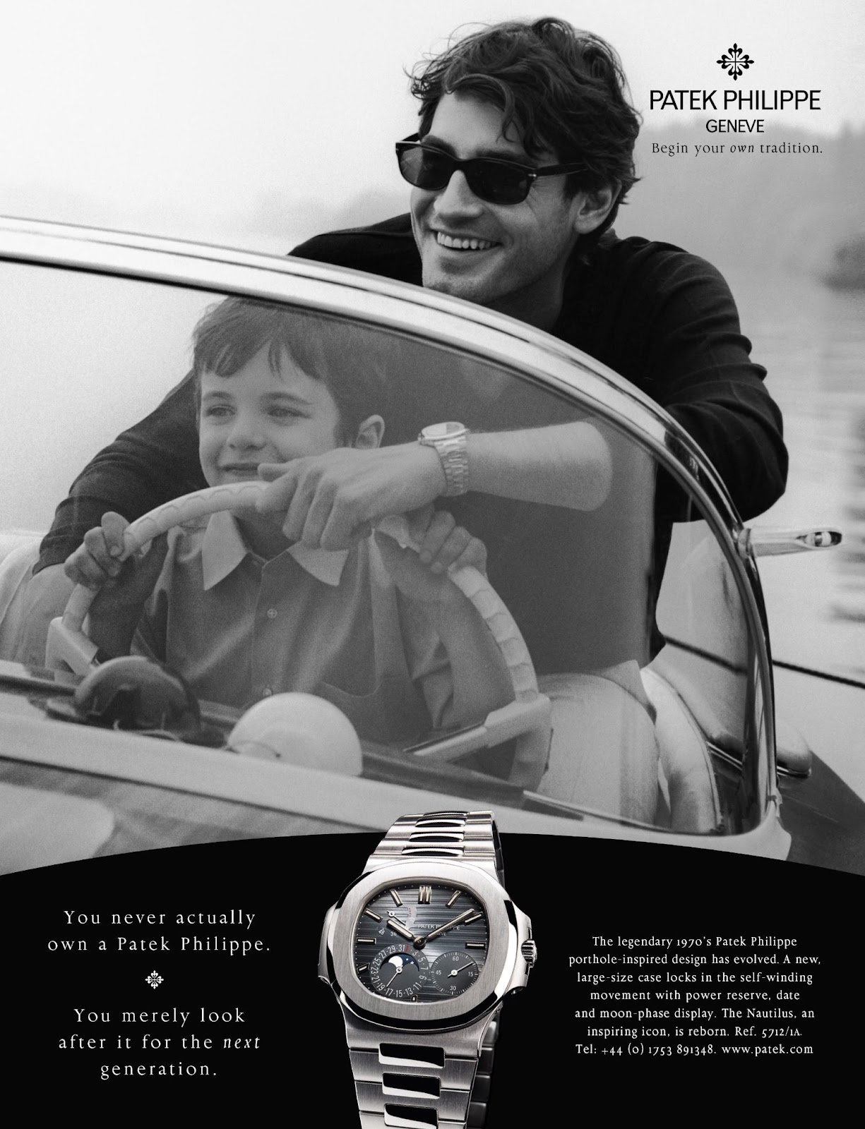 Black and white Patek Philippe ad featuring a smiling man and young boy steering a boat together, symbolizing generational legacy. A luxury watch is displayed below with the tagline: 'You never actually own a Patek Philippe. You merely look after it for the next generation.'