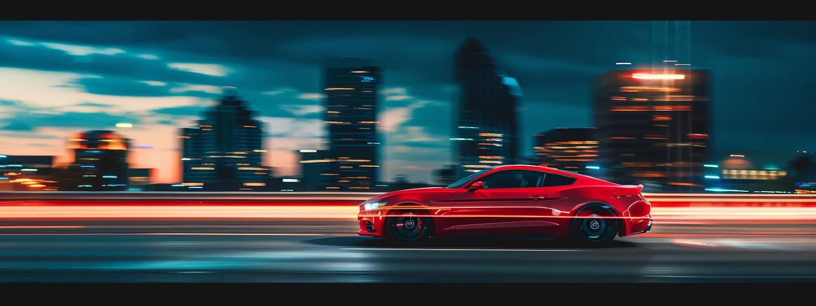 a sleek, red sports car speeding over the tulsa skyline, showcasing the factors influencing car insurance rates in the city.