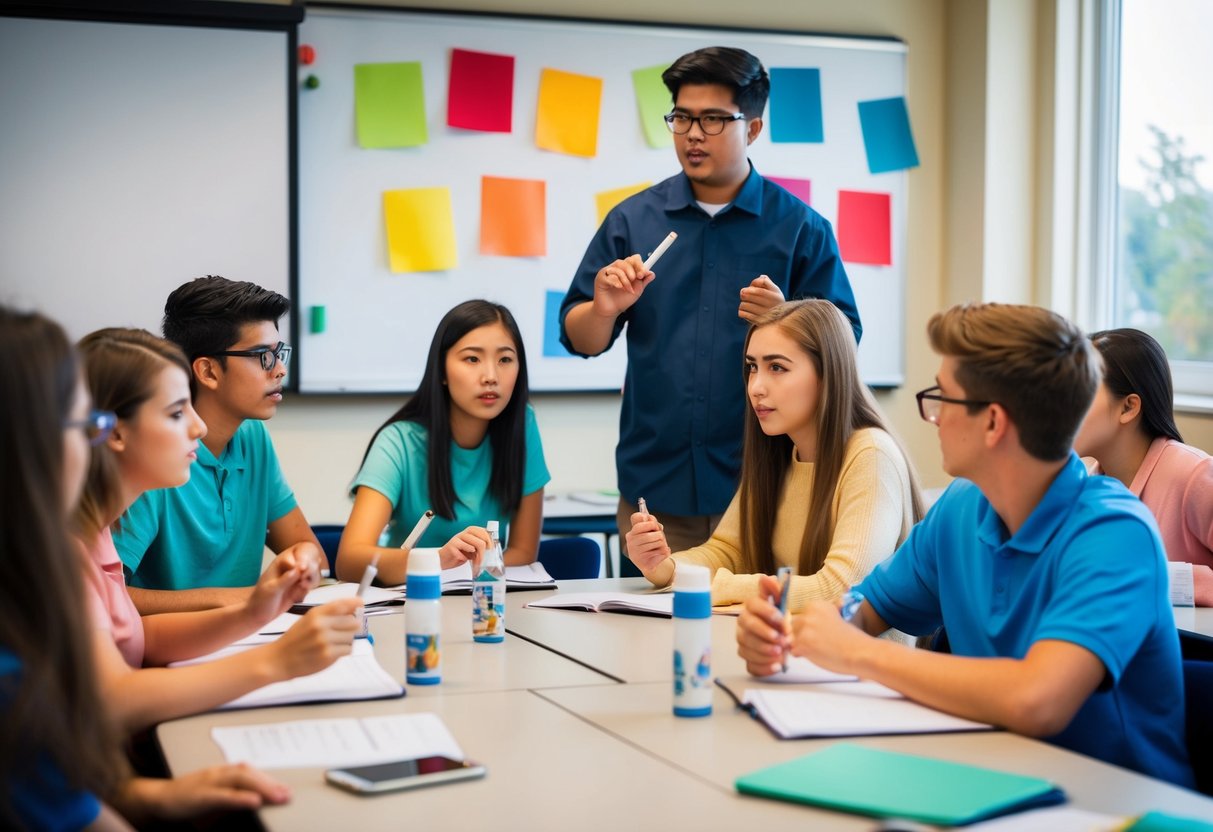 A group of young people engaging in educational activities about the dangers of smoking and vaping, led by a knowledgeable instructor in a classroom setting