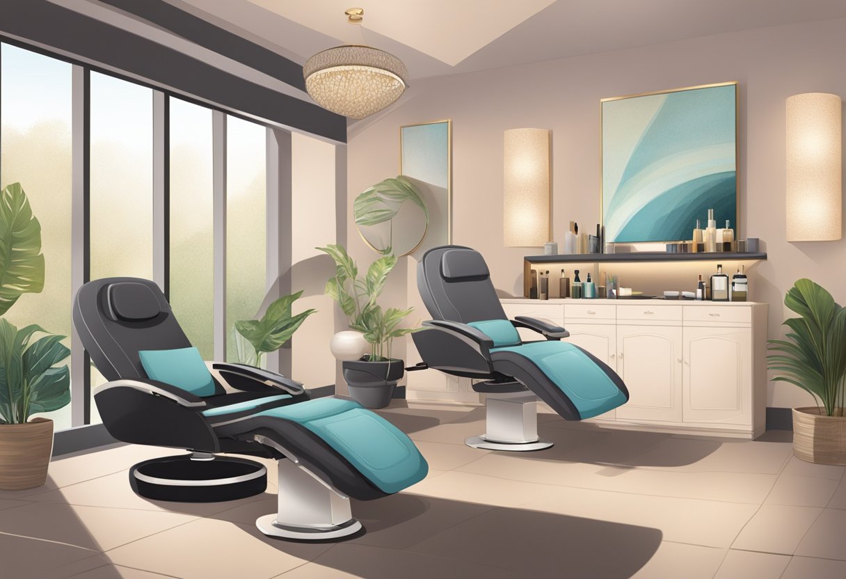 A serene spa room with a comfortable reclining chair, soft lighting, and a table of lash extension supplies. A technician carefully applies lash extensions to a client's natural lashes