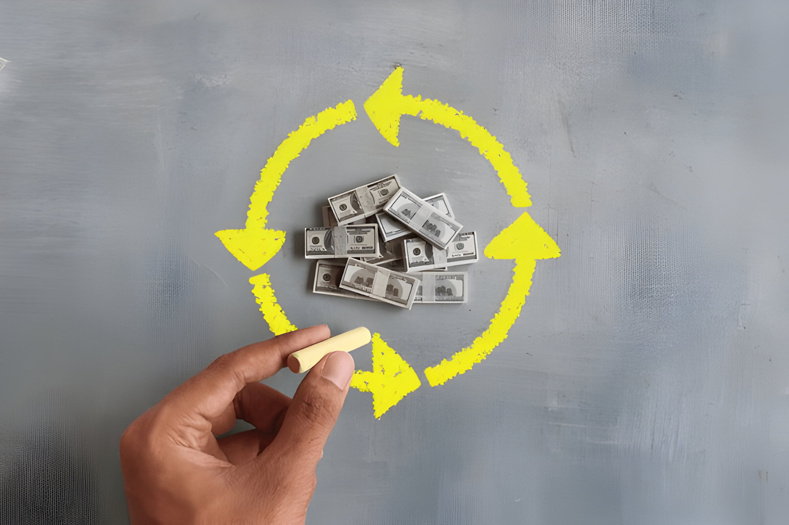 A hand drawing yellow arrows in a circular pattern around a pile of cash, symbolizing the concept of managing cash flow.






