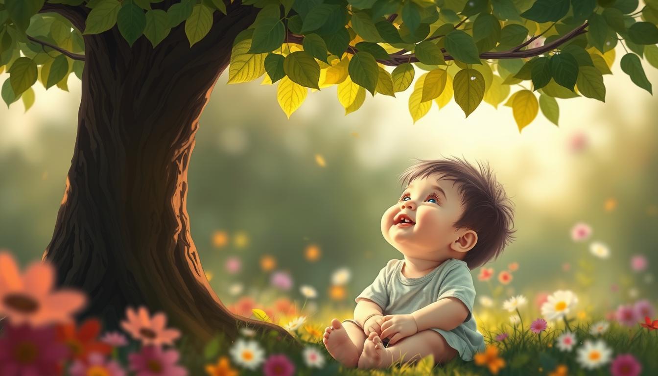 A small child sitting under a tree, gazing up at the leaves with a smile on their face. The tree is surrounded by flowers of different colors and sizes, and there is a gentle breeze blowing through the scene. The child's hands rest on their lap, and they seem completely at peace and content with the moment.