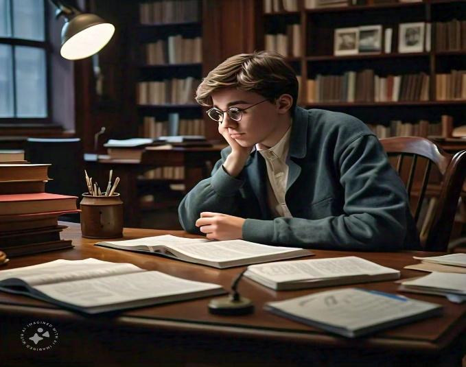 A child sitting at a desk reading a book<br />
<br />
Description automatically generated