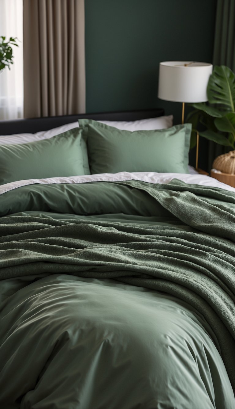 The sage green bedding is neatly arranged on the bed, complemented by matching curtains and a cozy rug. The room exudes a sense of tranquility and natural elegance