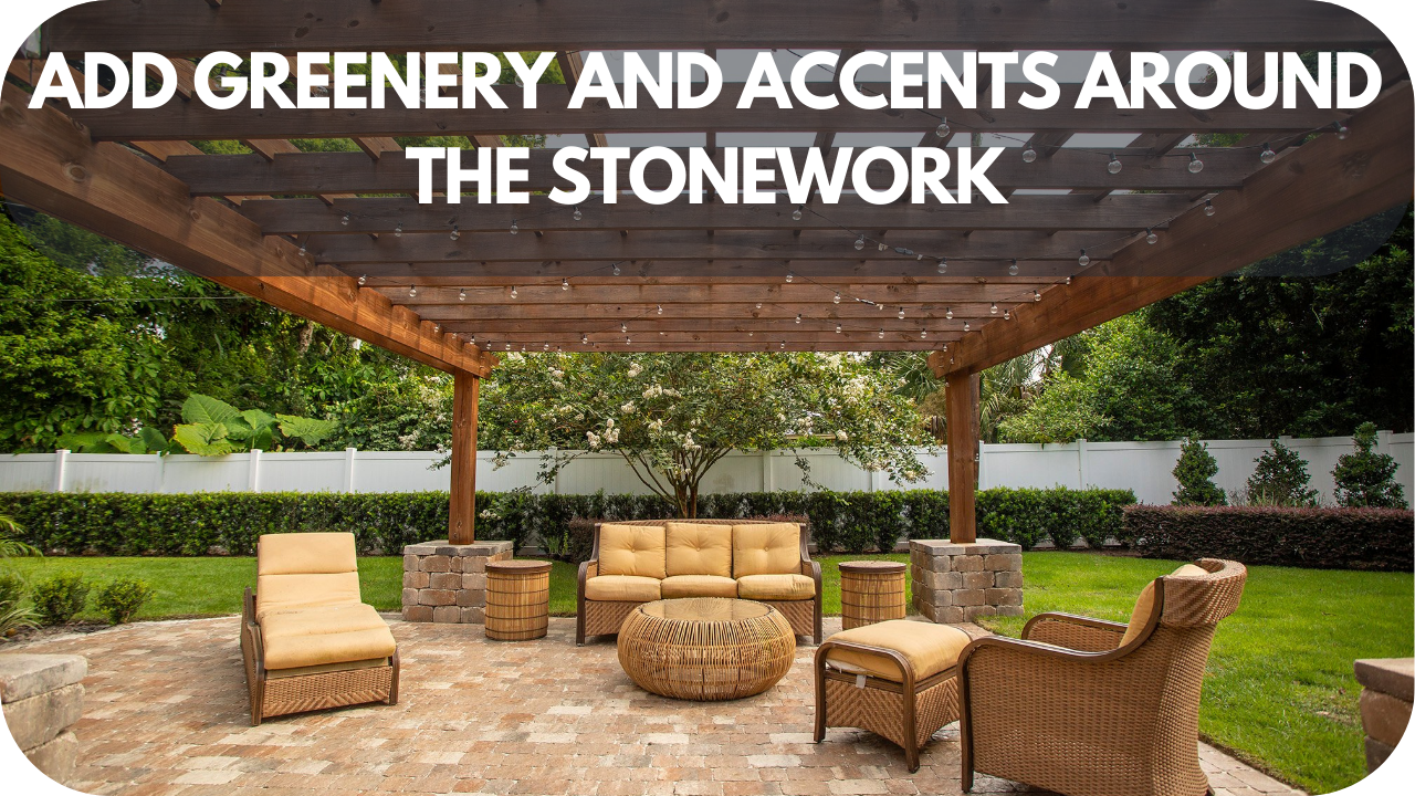 Vibrant greenery and decorative accents enhancing stone pathways and patios.