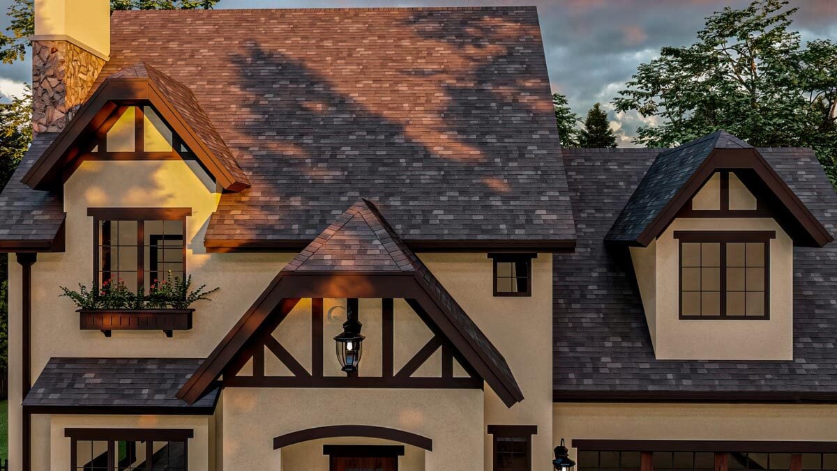 Detailed view of the clipped gables accentuated with wooden trims.