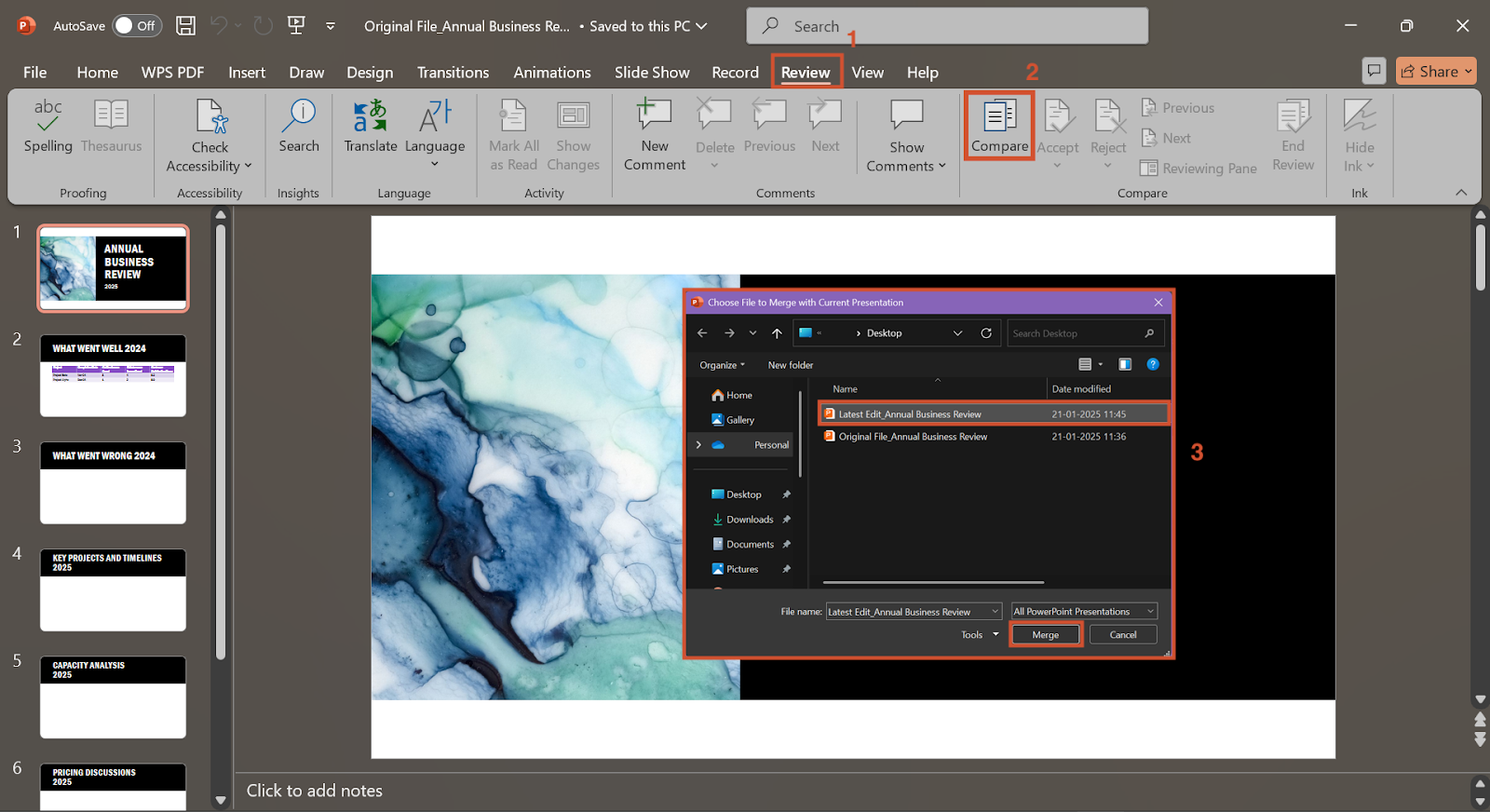 how to track changes in powerpoint: Compare and merge versions