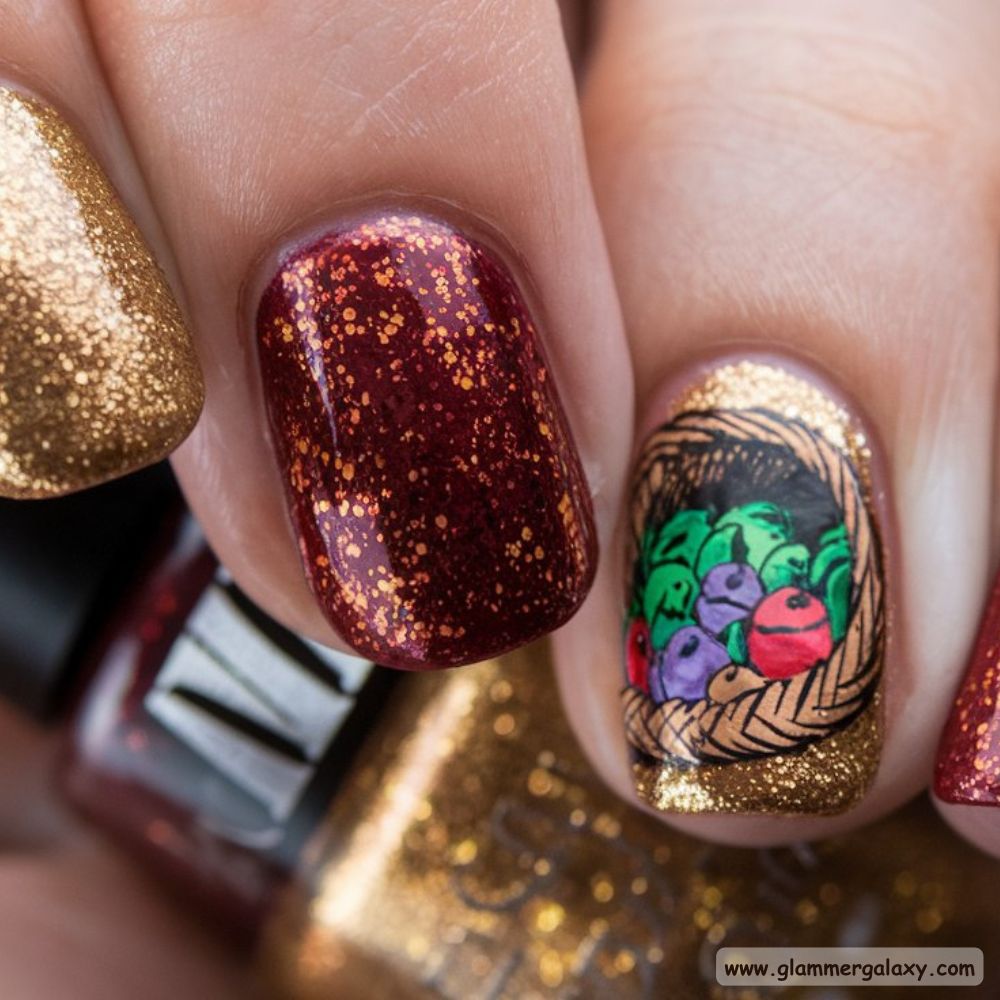 Thanksgiving Nail Designs having Cornucopia Glitter Nail Art
