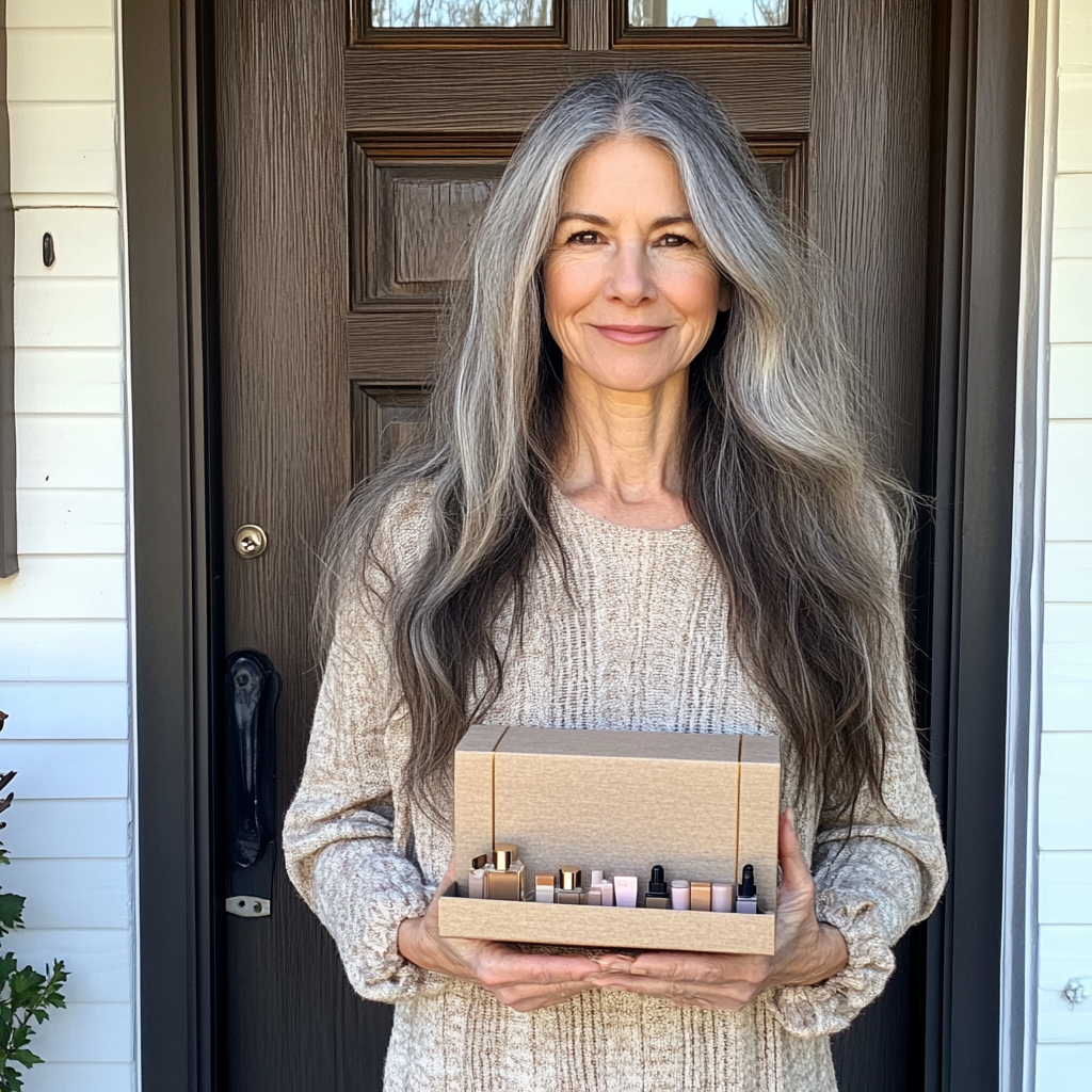 A woman holding a box of cosmetics | Source: Midjourney