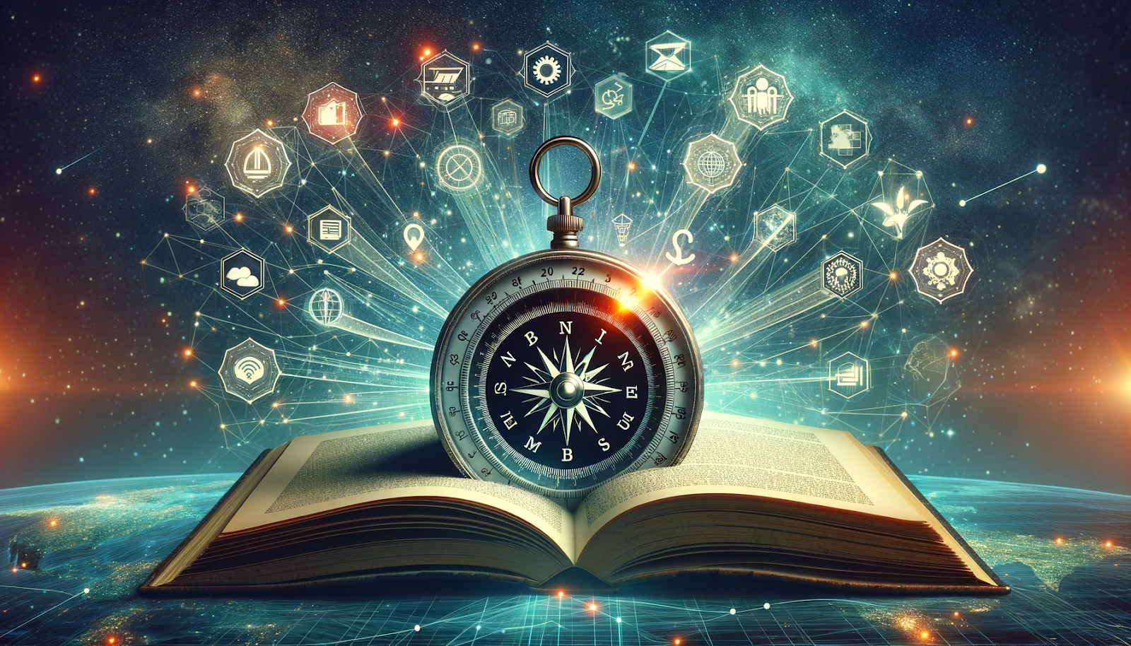 An open book with a glowing compass, symbolizing guidance and knowledge in publishing.