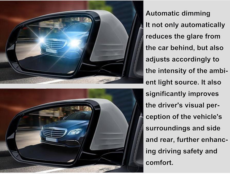 A before-and-after comparison of an auto-dimming mirror. The top image shows intense glare from headlights, while the bottom image shows the glare reduced by the mirror's dimming feature.
