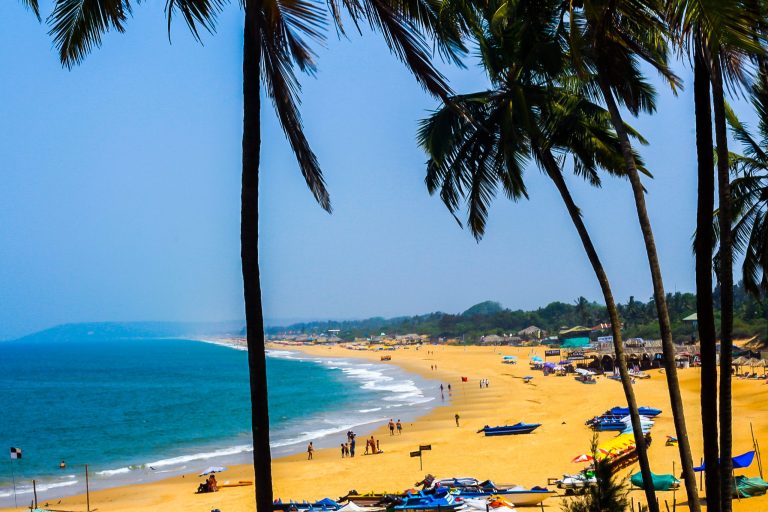 Golden sandy beaches of Goa with swaying palm trees, blue waters, and vibrant beach shacks.