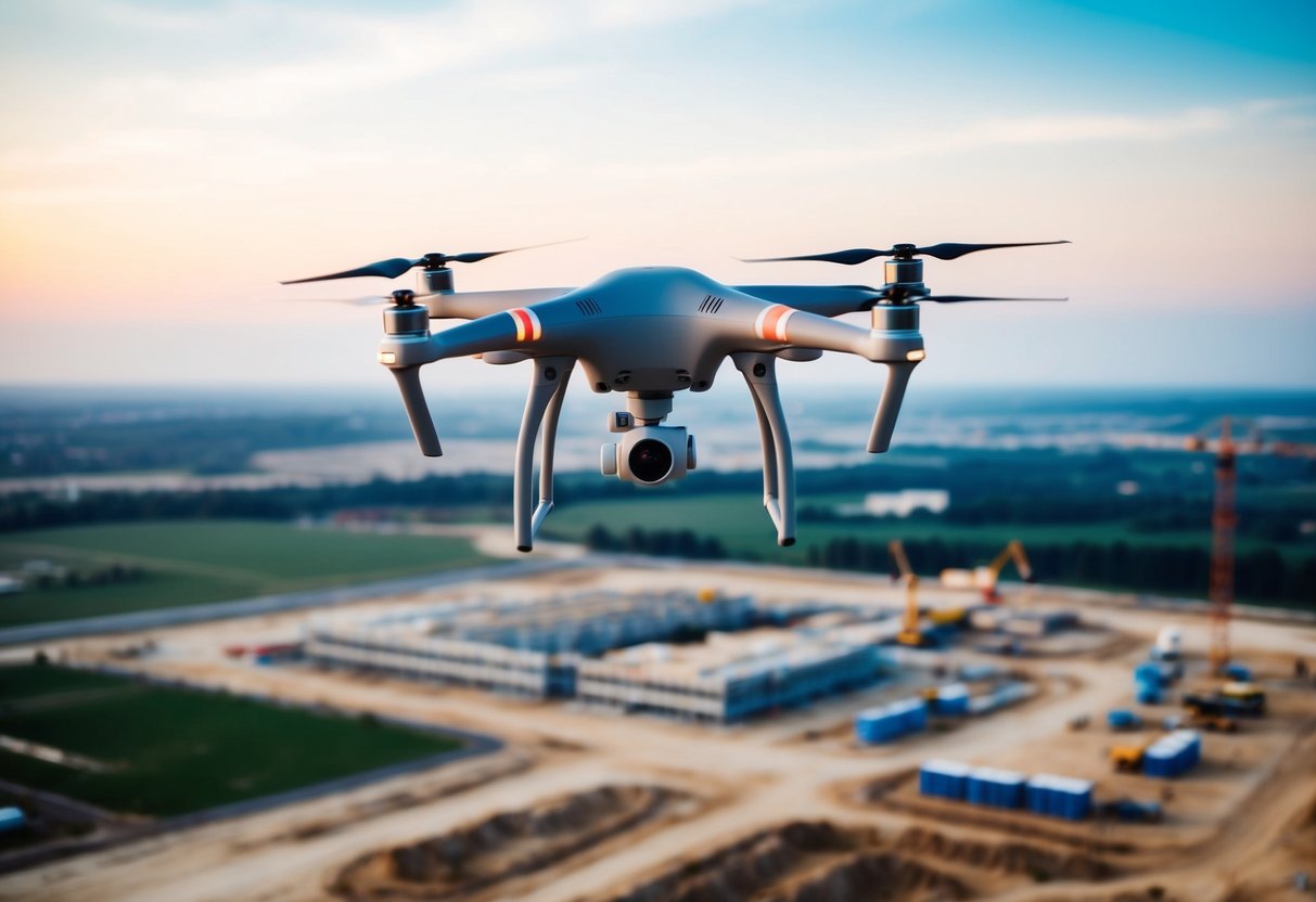 A drone hovers over a construction site, capturing detailed images of the land below for mapping and surveying purposes