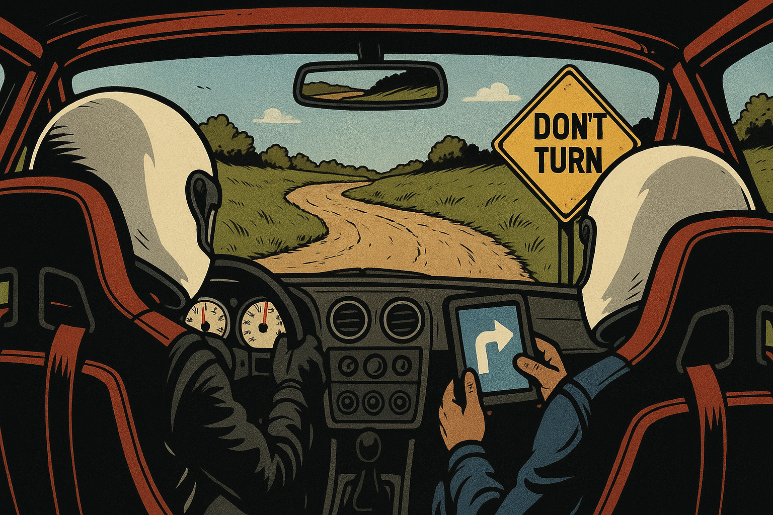 Two rally racers, wearing helmets and racing suits, sit inside a car on a dirt road. The GPS shows a right turn, but a road sign ahead reads “DON’T TURN.” The road itself winds left through grassy fields under a blue sky.