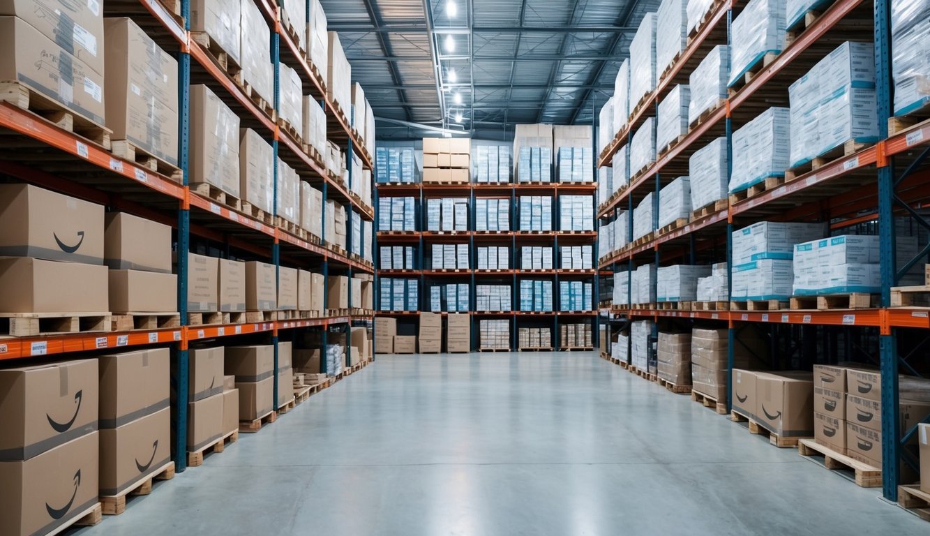 A warehouse with empty shelves and neatly organized products, representing the benefits of reducing unfulfillable inventory for Amazon