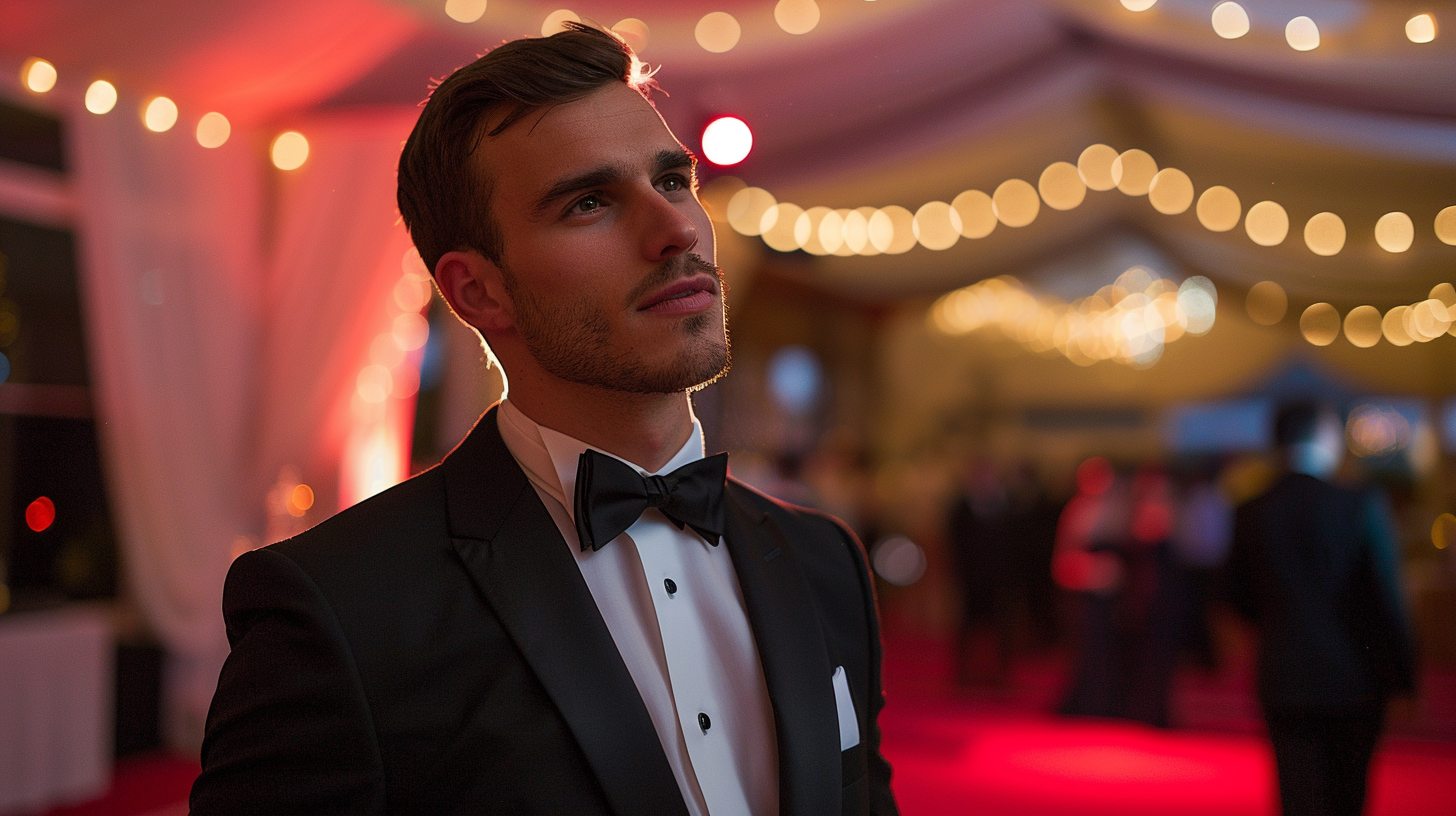 A man in a black tuxedo with satin lapels, satin-covered buttons, and a black bow tie. He’s at a black-tie event with elegant lighting and a red carpet backdrop. Formal, polished, and iconic.