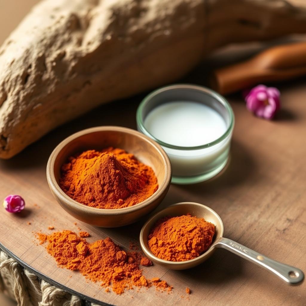 Bowl of sandalwood powder with mixing tools