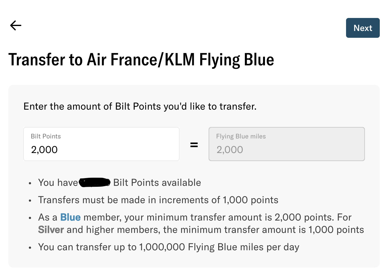 screenshot of selecting points amount to transfer in bilt