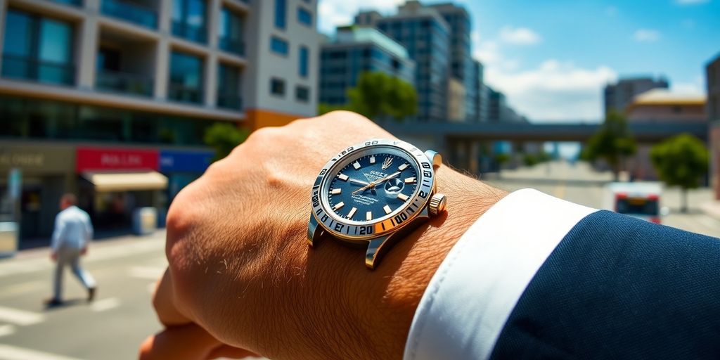 Close-up of a Rolex watch on a stylish wrist.