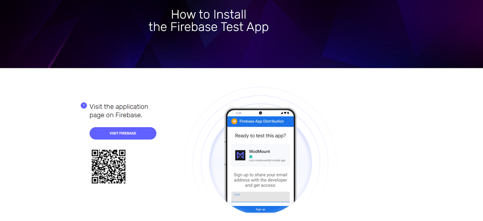 ModMount Firebase Test App installation guide showing a QR code, a 'Visit Firebase' button, and a smartphone displaying the app sign-up screen.