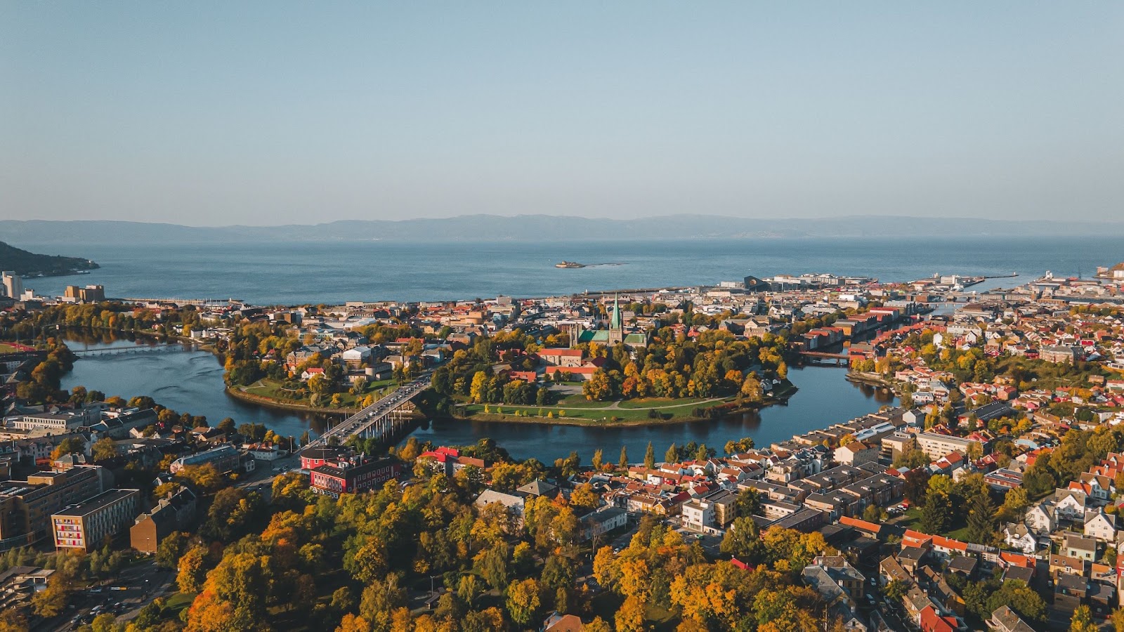 Aerial view of Trondheim, Norway and the Nidelva river. 